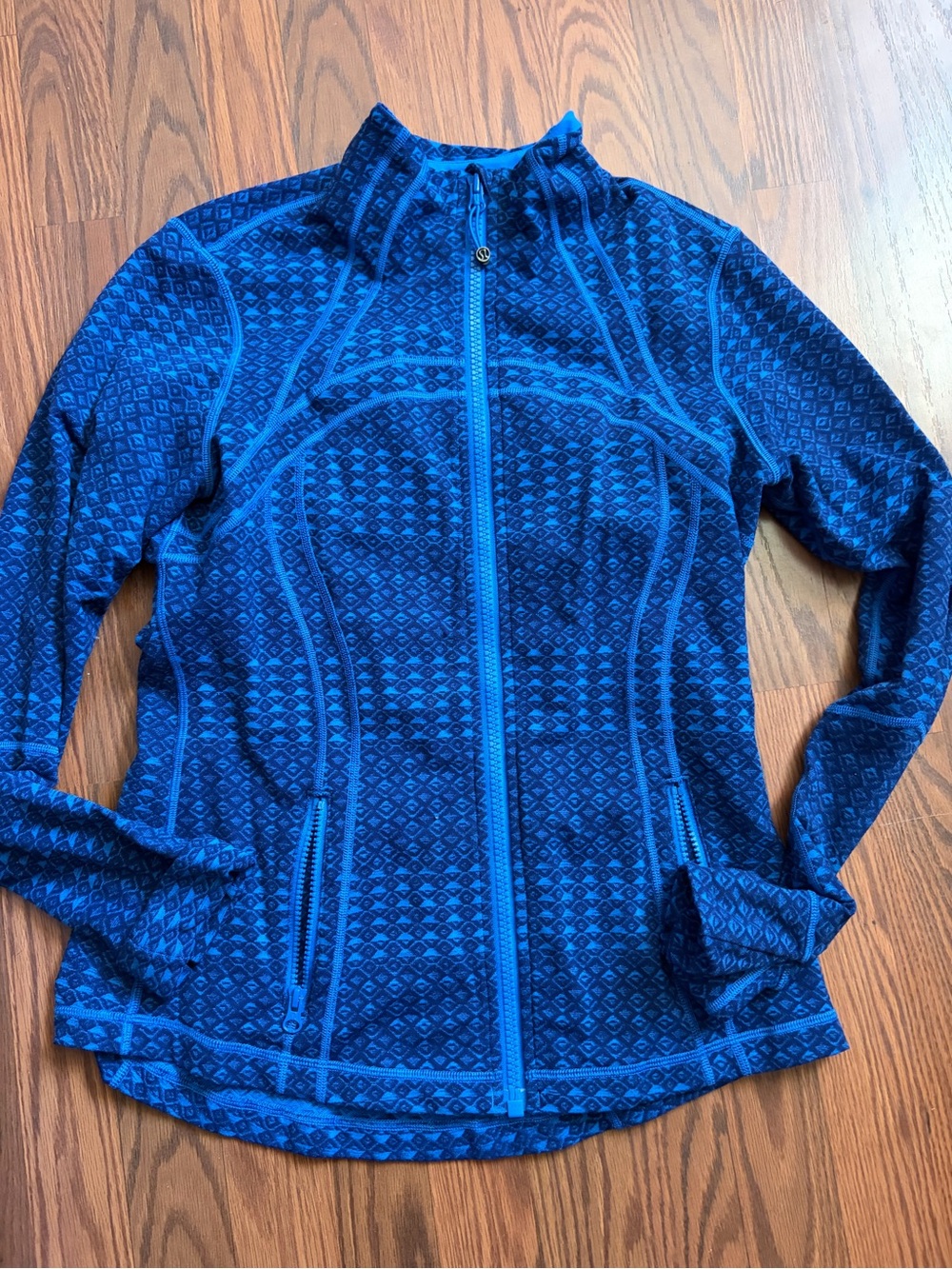 Lululemon Blue Patterned Zip Jacket Size 12 Thumbhole Athletic Running Jacket